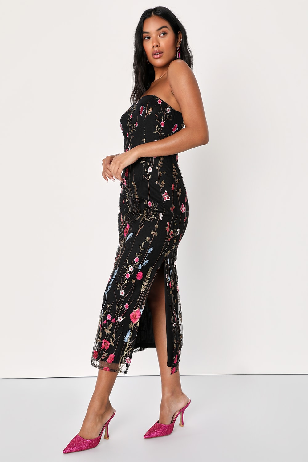 Bold Botanicals Black Floral Embroidered Strapless Midi Dress