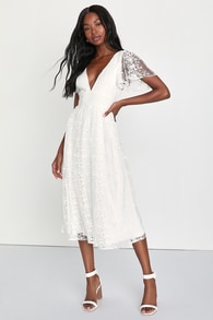 Elegant Approach White Embroidered Flutter Sleeve Midi Dress