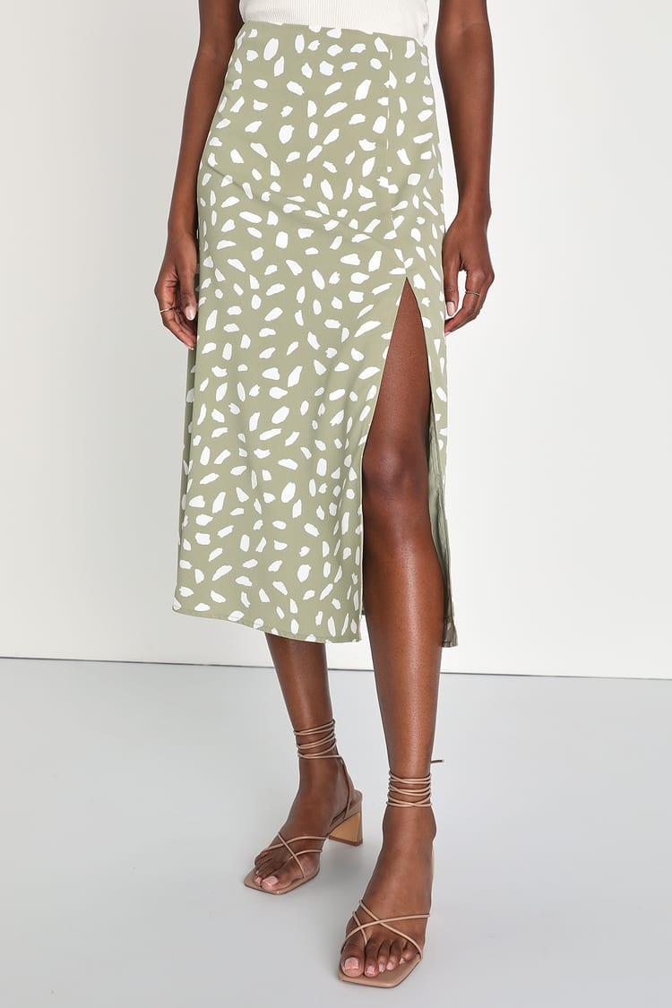 Getting Glam Sage Green Print Slit Midi Skirt