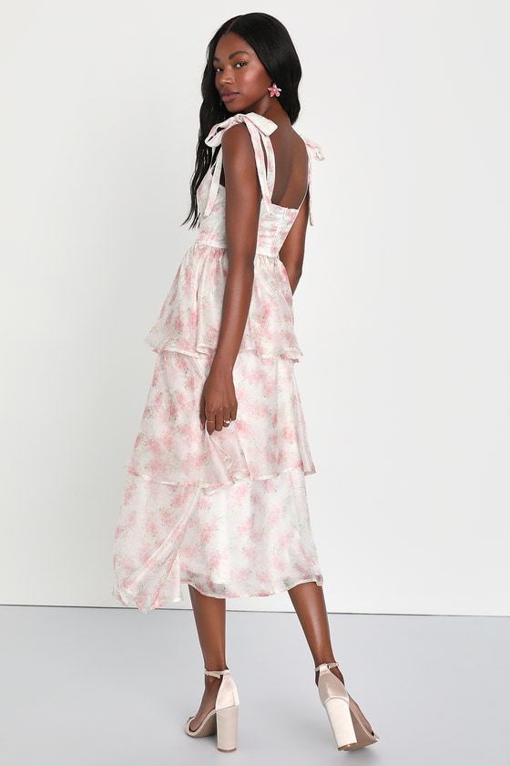 Blossoming Sweetness Ivory Floral Tiered Tie-Strap Midi Dress