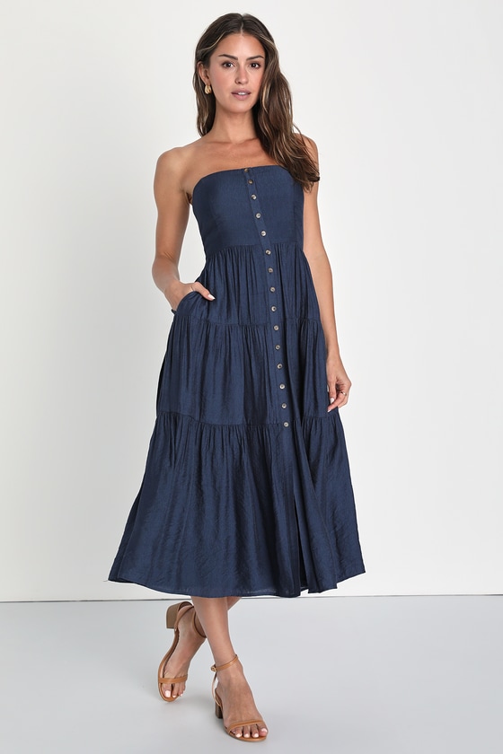 Navy Tiered Dress - Strapless Midi Dress - Tiered Midi Dress - Lulus