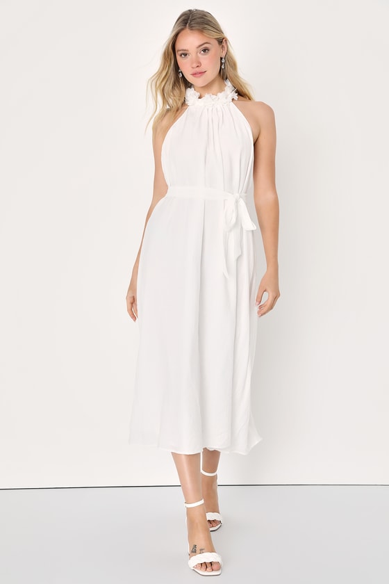 Lulus Angelic Outlook White 3d Floral Halter Shift Midi Dress