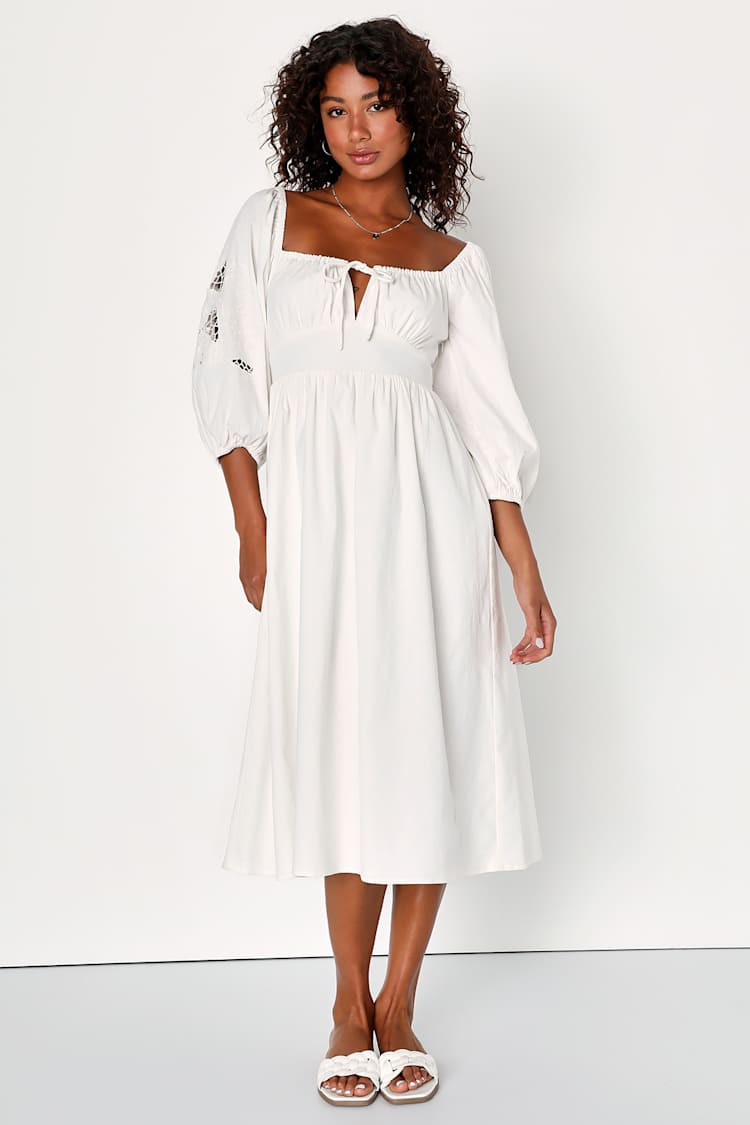 Ivory Embroidered Dress - Balloon Sleeve Midi Dress - Cute Dress