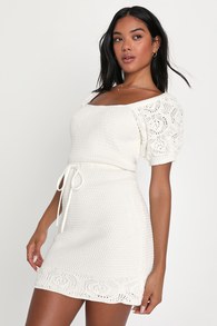 Sweet Memory White Crochet Puff Sleeve Mini Sweater Dress
