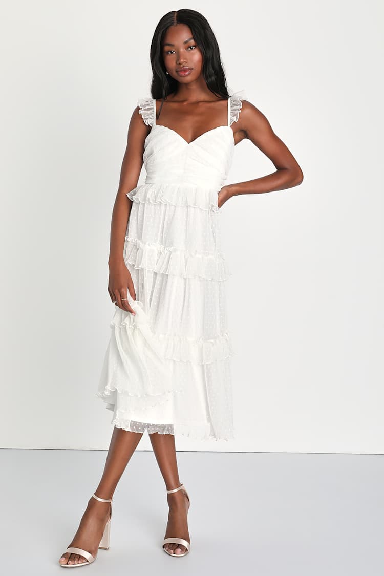 Whimsical Elegance White Mesh Swiss Dot Tiered Midi Dress