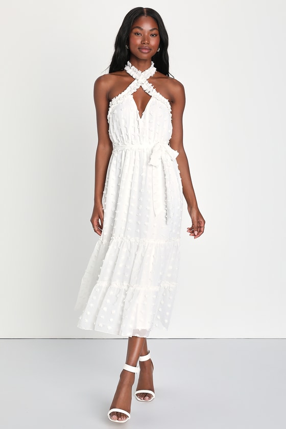 White Halter Dress - Tiered Midi Dress - Clip Dot Dress - Lulus