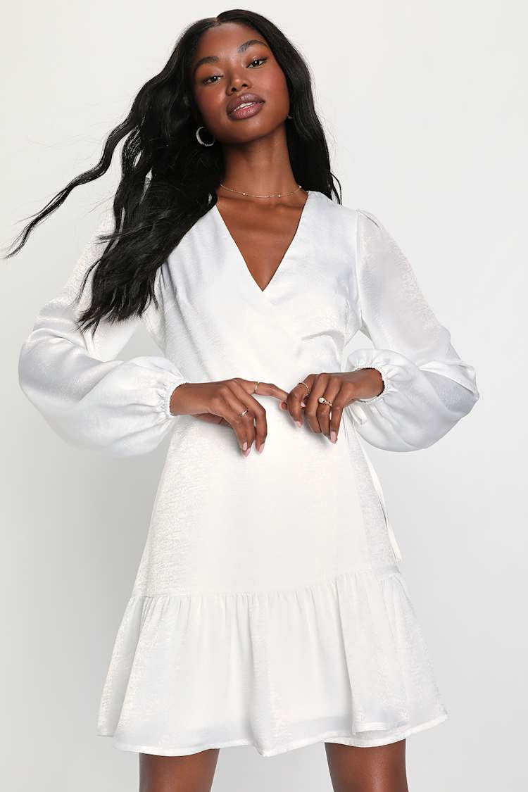 knee length dresses for ladies Elegant White Wrap Dress main image 1