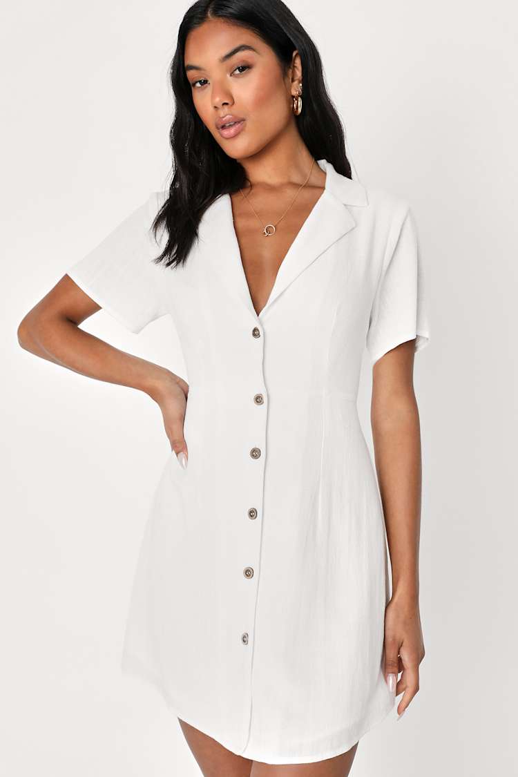 knee length dresses for ladies Brilliant White Women's Short Sleeve Button Down Babydoll Dress A-Line –  Lookbook Store main image 1