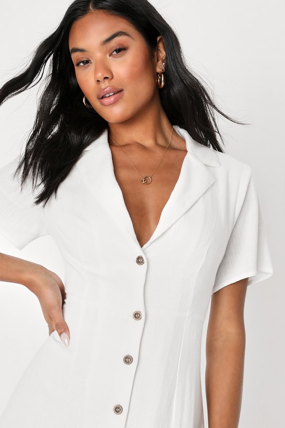 Central Park Sweetie White Linen Collared Button-Up Mini Dress