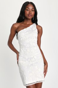 Sparkling Darling White Sequin Beaded One-Shoulder Mini Dress