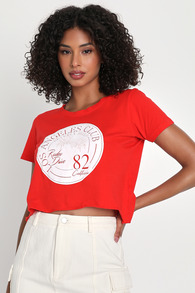 Los Angeles Rodeo Drive Red Distressed Cropped Graphic Tee