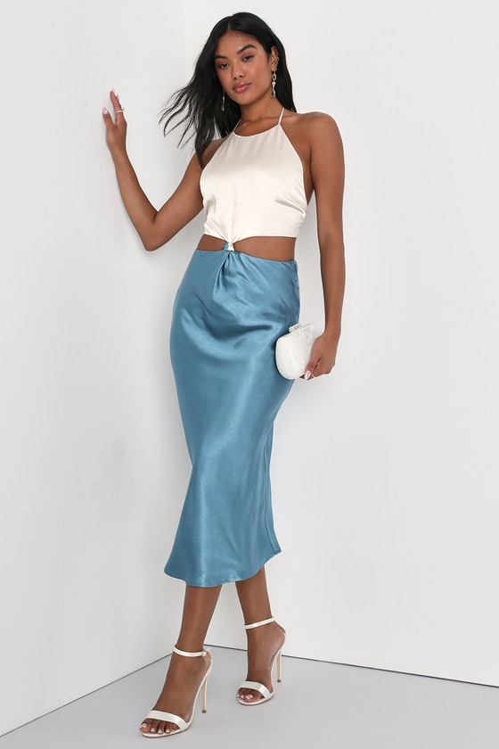 Lulus Passionate Beauty Champagne And Blue Knotted Midi Halter Dress