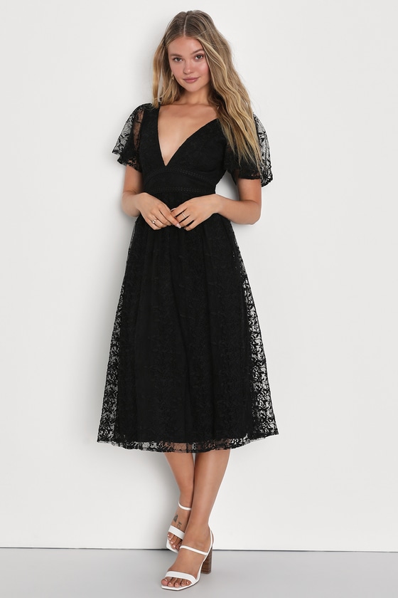 Lulus Elegant Approach Black Embroidered Flutter Sleeve Midi Dress