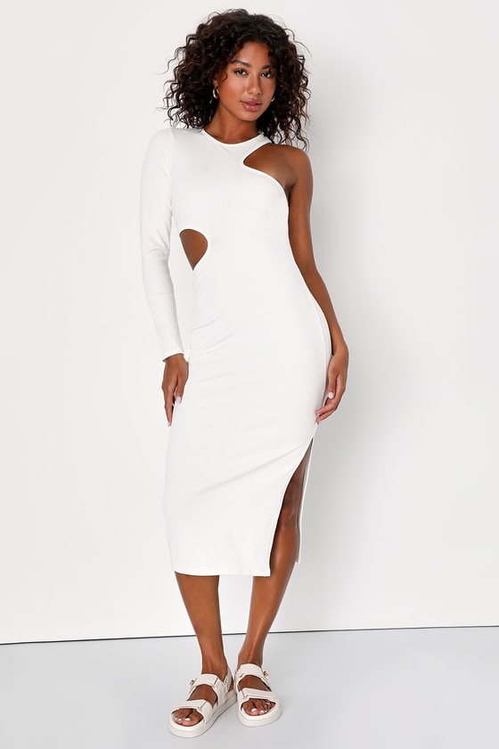 White Ribbed Knit Dress - Asymmetrical Dress - Cutout Dress - Lulus