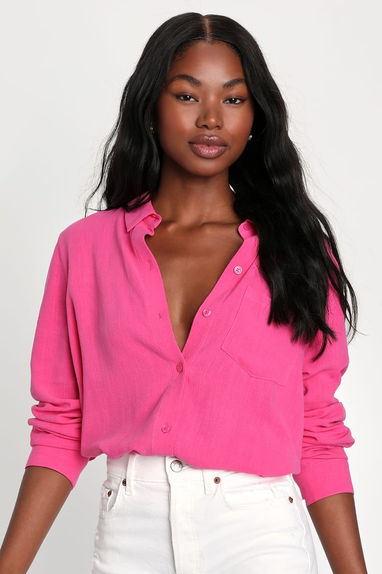 Hot Pink Long Sleeve Top - Collared Linen Top - Button-Up Top - Lulus