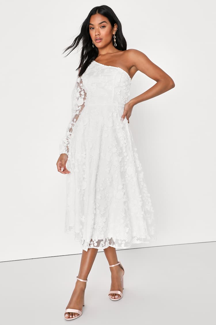 Eloquent Elegance White Embroidered Lace One-Shoulder Midi Dress
