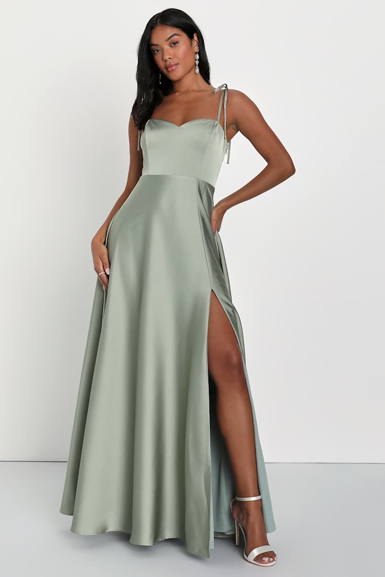 Delightful Vision Sage Green Tie-Strap Satin Maxi Dress
