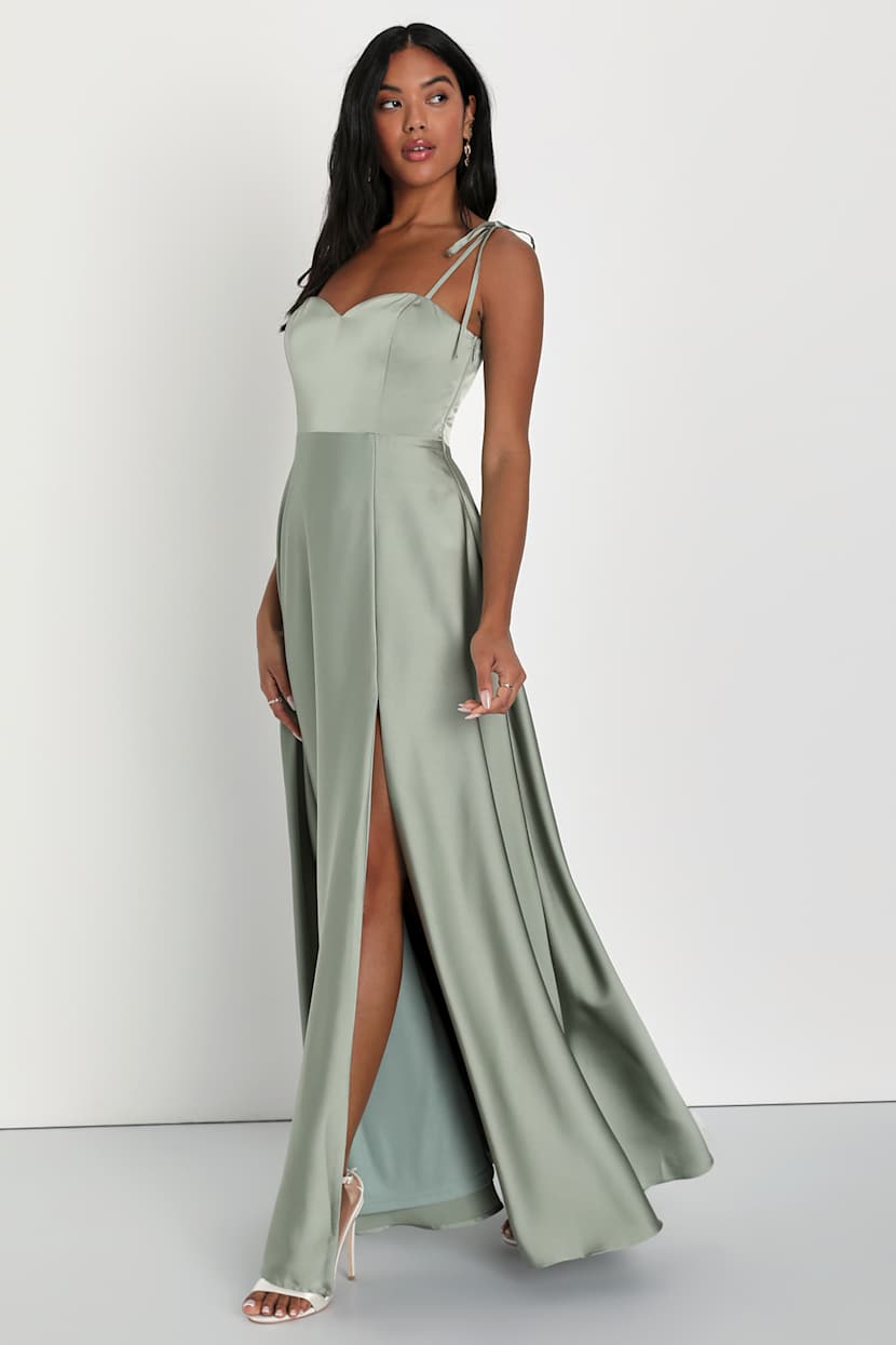 Sage Green Tie-Strap Dress - Satin Maxi Dress - A-Line Maxi Dress - Lulus