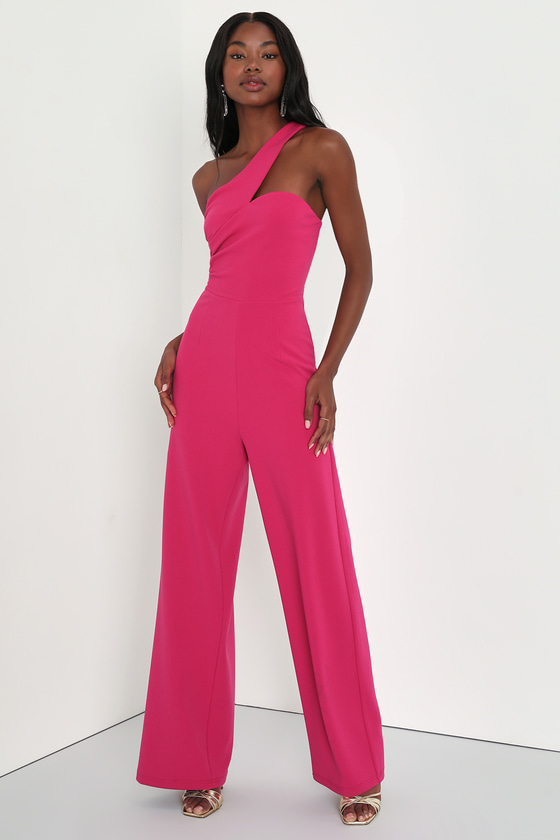 Bebe One Shoulder Ruffle Crepe Jumpsuit in Pink | Lyst