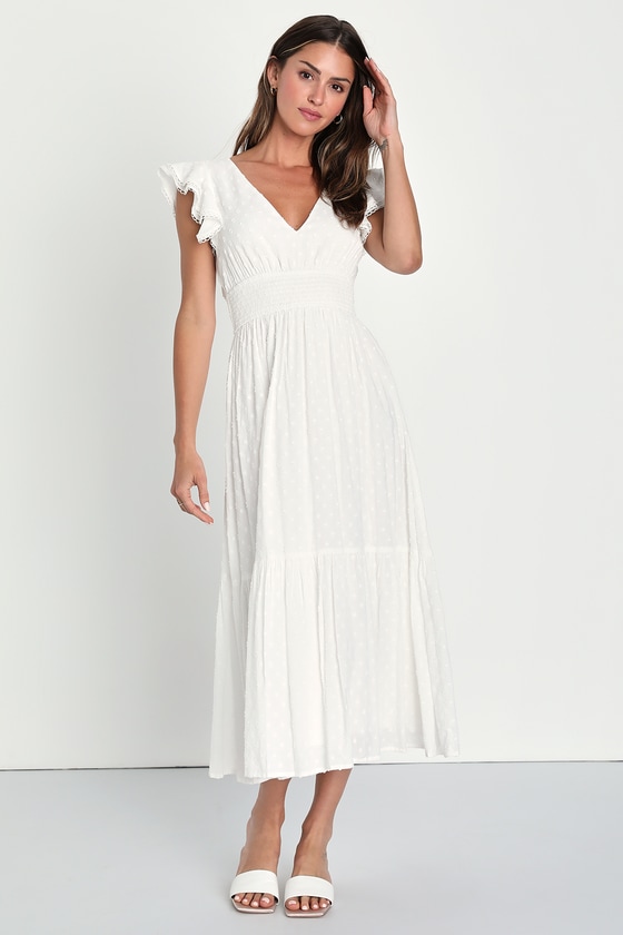 White Swiss Dot Dress - Smocked Dress - Backless Midi Dress - Lulus