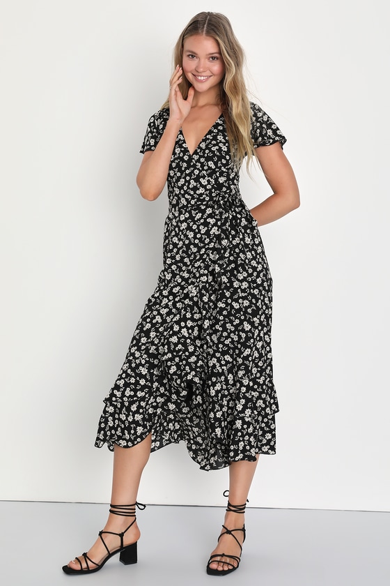 Black Floral Midi Dress - Floral Wrap Dress - Surplice Midi Dress - Lulus