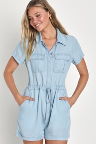 Saturday Satisfaction Light Blue Chambray Collared Romper