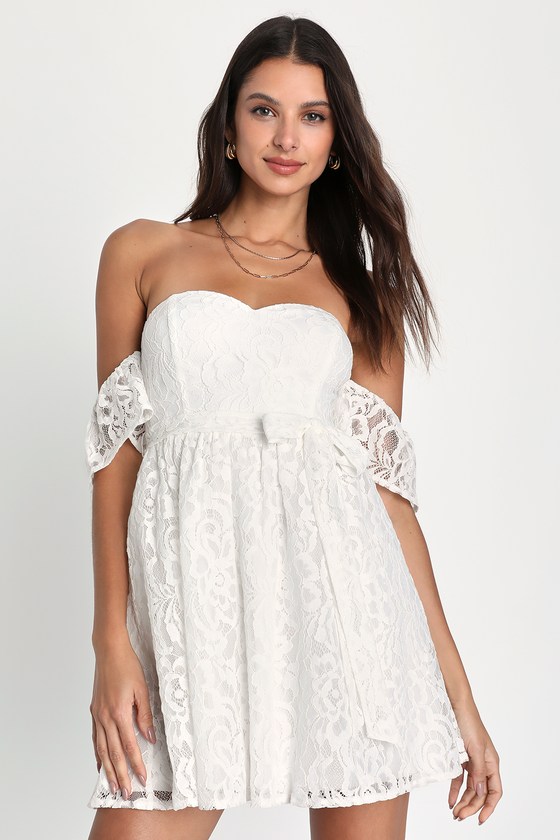 Lulus Inspired Cutie White Lace Off-the-shoulder Mini Dress