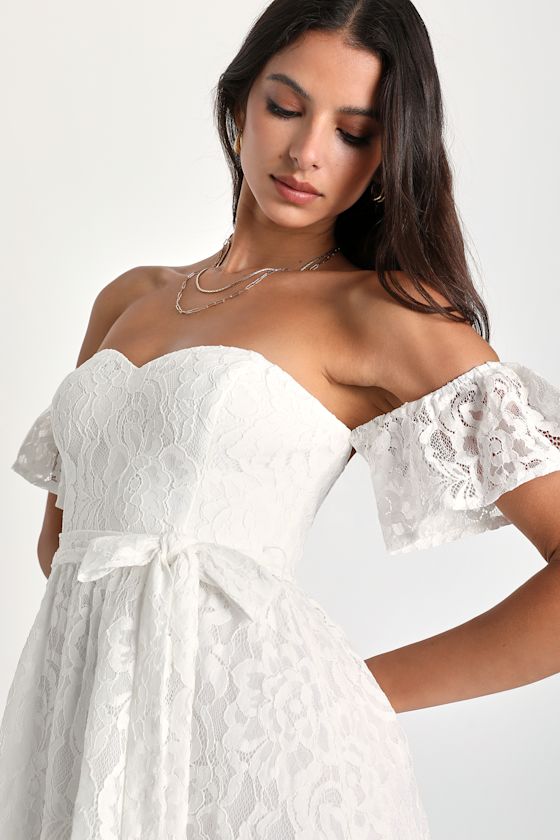 White Lace Mini Dress - White OTS Dress - White Skater Dress