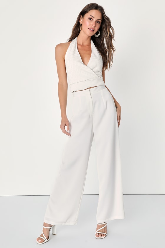 Lulus Chic Mentality Ivory Satin Wide Leg Pants