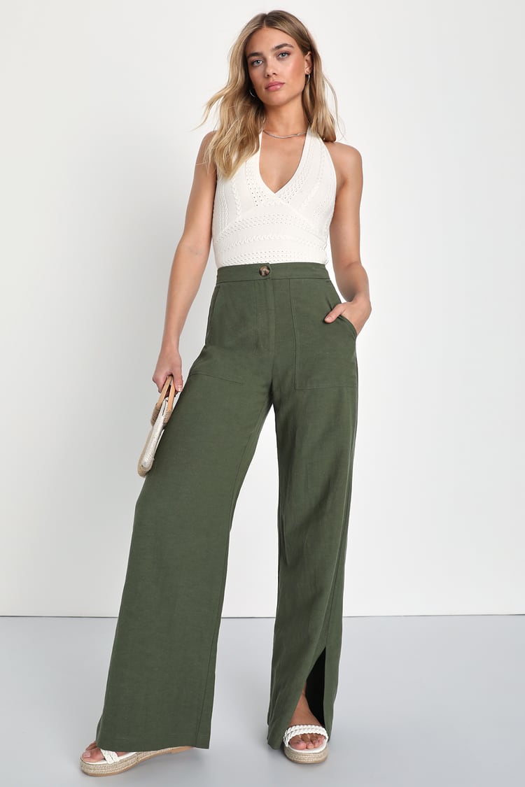 Jet Stream Olive Green High-Waisted Wide-Leg Pants