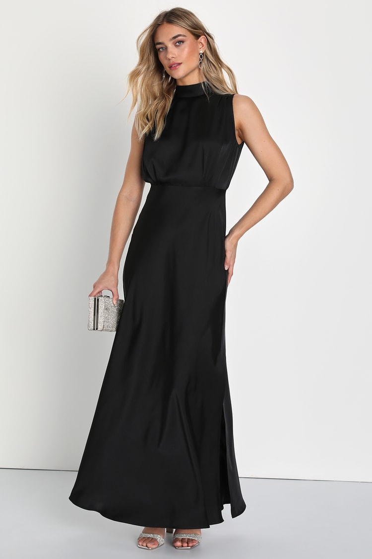 Classic Elegance Black Satin Sleeveless Mock Neck Maxi Dress