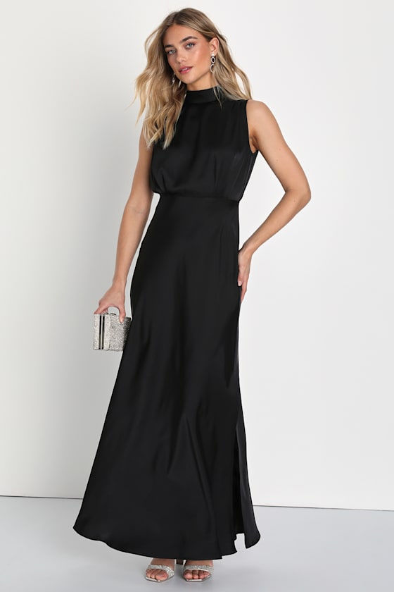 Black Satin Dress Mock Neck Maxi Dress Sleeveless Satin Dress Lulus