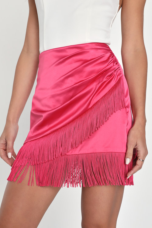 Celebration Charisma Magenta Satin Faux-Wrap Fringe Mini Skirt