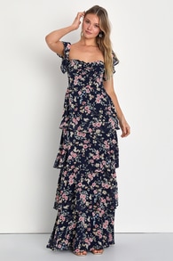 Charming Passion Navy Blue Floral Off-the-Shoulder Maxi Dress