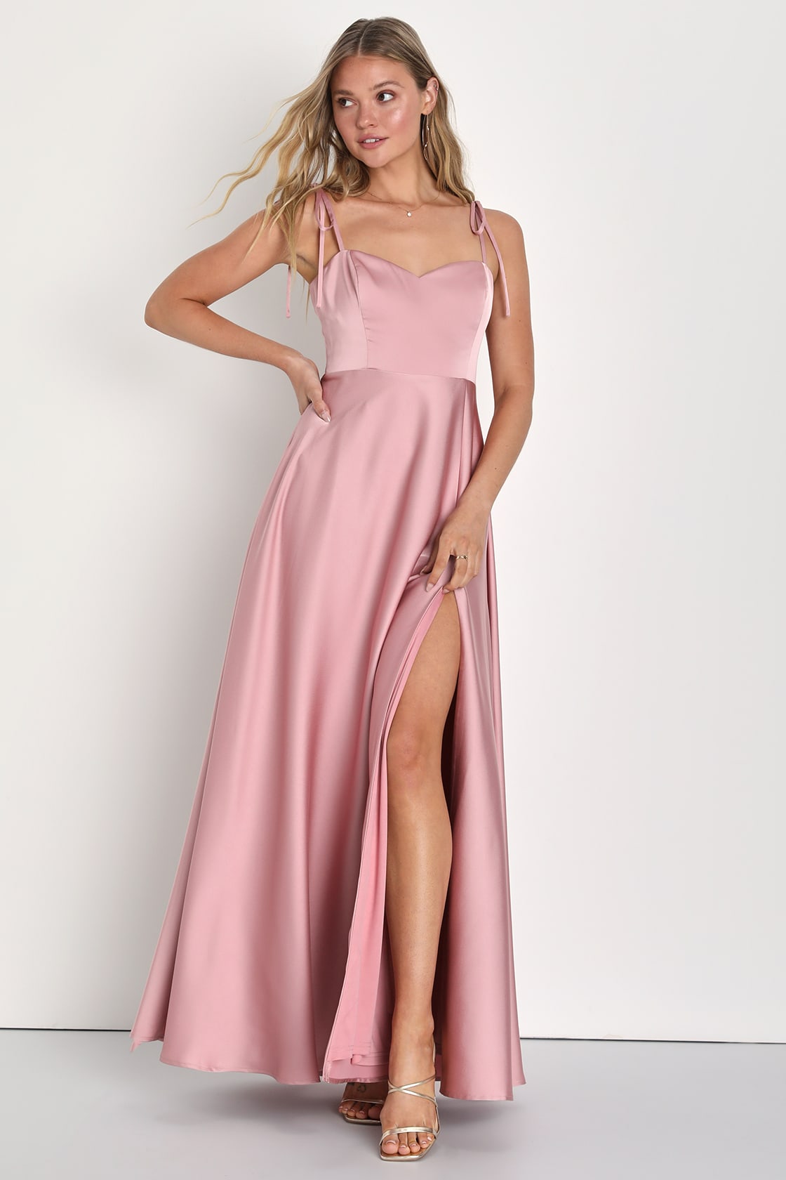 Delightful Vision Blush Pink Tie-Strap Satin Maxi Dress