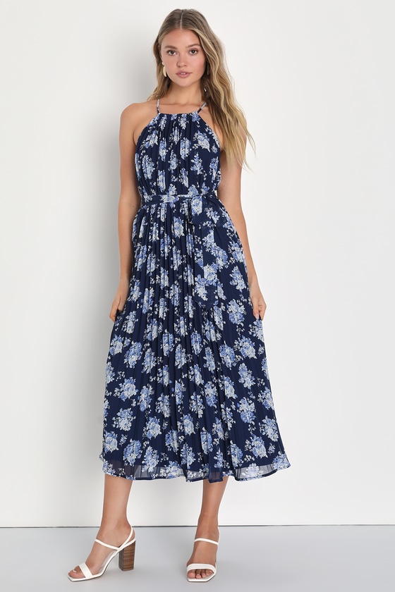 Navy Blue Floral Midi Dress- Pleated Belted Dress - Midi Dress - Lulus