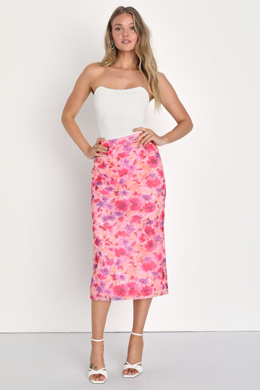 Pink High Waist Floral Midi Skirt Passion For Fashion Pink Floral - Main Image