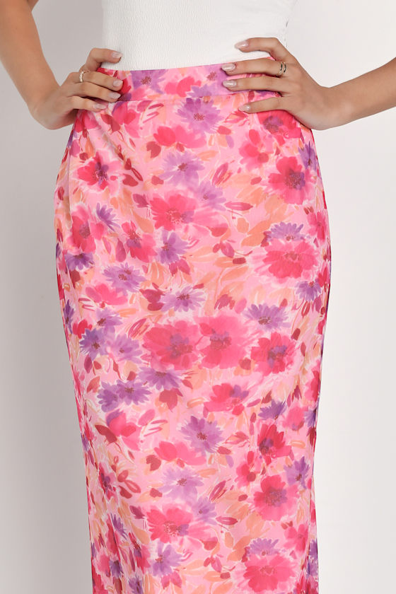 Pink Mesh Midi Skirt - Pink Floral Midi Skirt - High-Rise