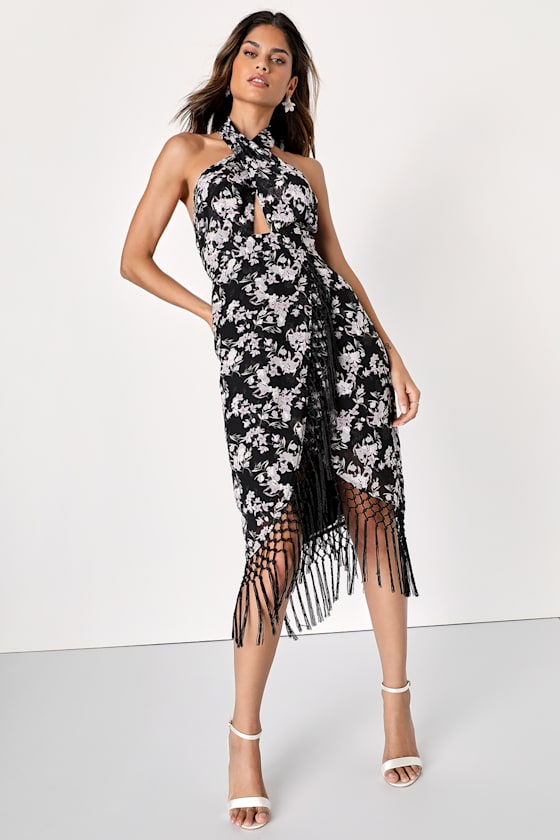 lulus boho print fringe halter mini dress reviews Black Floral - Midi Dress - Midi Dress Size:7-8Y (28) BENPR Glamorous Turtleneck Dress - or no bra