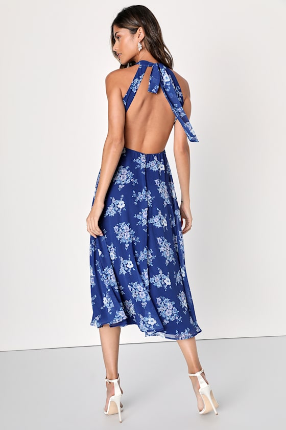 Red-Blue Floral Block Print Cotton Flutter Sleeve Tie-Back Tiered Midi Dress main image 1