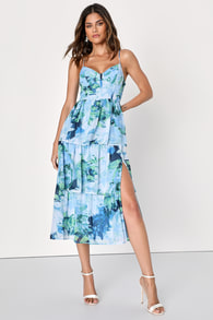 Beautiful Vibes Light Blue Floral Bustier Tiered Midi Dress