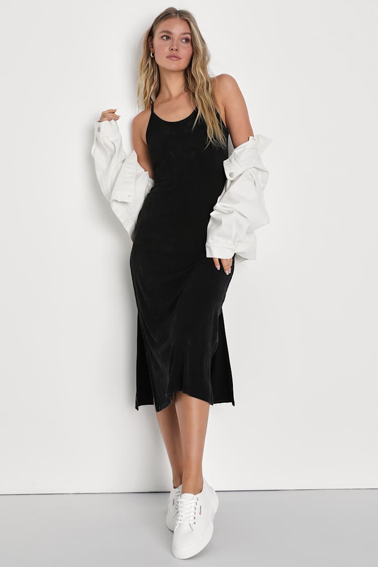Washed Black Dress - Sleeveless Midi Dress - Racerback Dress