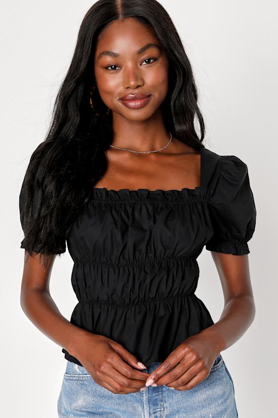 Black Ruched Top Puff Sleeve Top Elastic Top Stretchy Top Lulus