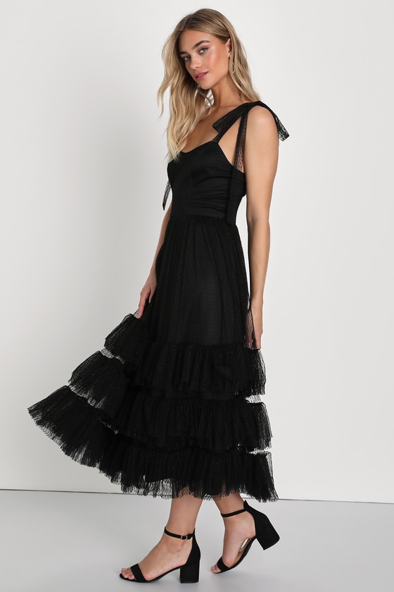 Black Mesh Swiss Dot Dress - Tie-Strap Dress - Cute Midi Dress - Lulus