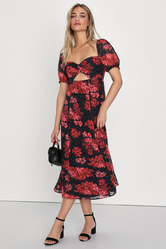 Lulus Truly Charming Navy And Red Floral Puff Sleeve Cutout Midi Dress In Black
