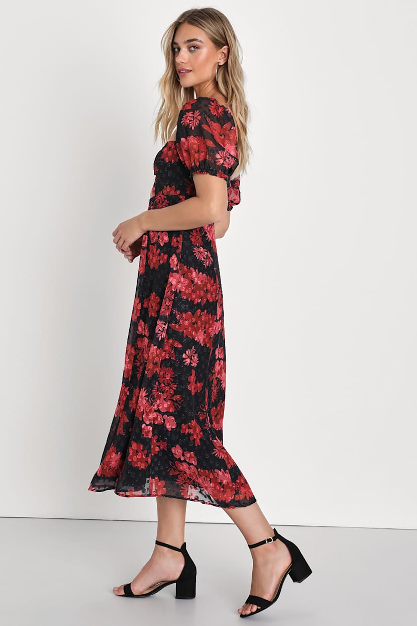 knee length dresses for ladies Black Floral Midi Dress Puff Sleeve Midi