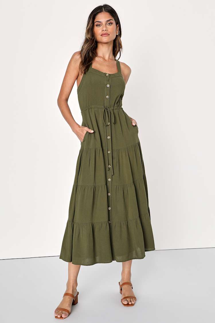 Olive Green Midi Dress - Button-Front Dress - Tiered Midi Dress
