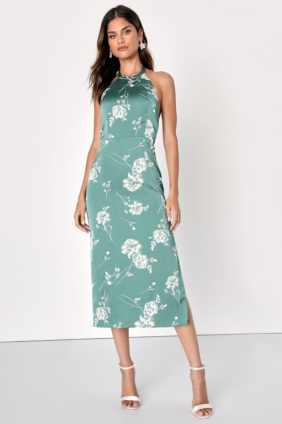 Light Green Ruffle Hem Floral Trimmed Halter Dress main image 1