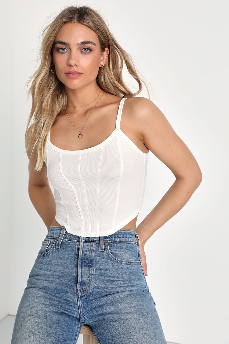 Obviously Effortless White Ribbed Knit Cropped Corset Tank Top