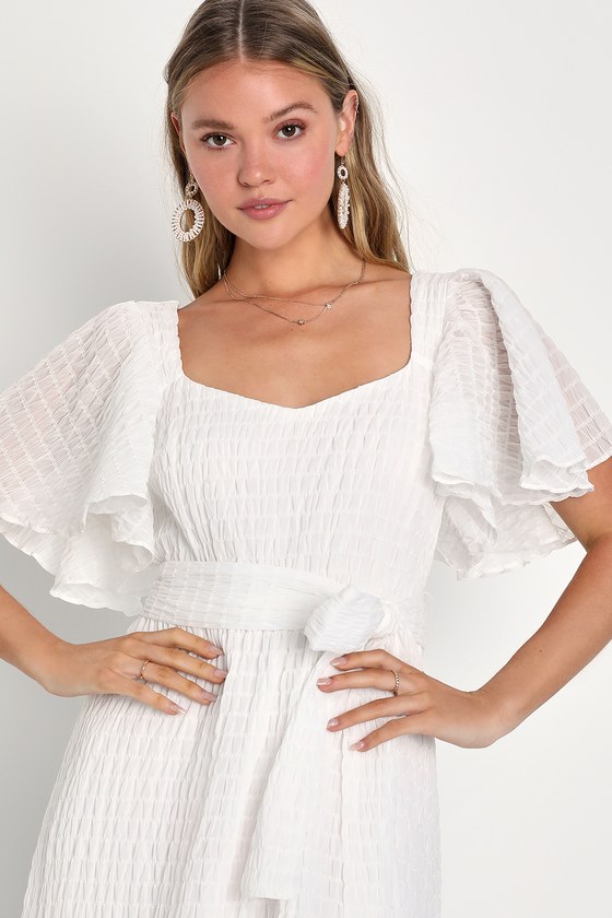 White Ruffled Dress - Flutter Sleeve Midi Dress - Midi Dress - Lulus
